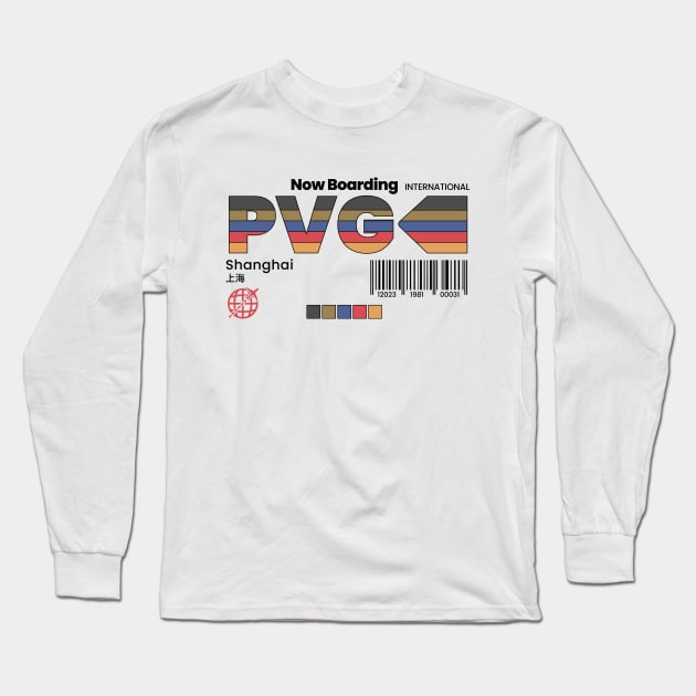 Vintage Shanghai China PVG Airport Retro Travel Long Sleeve T-Shirt by Now Boarding